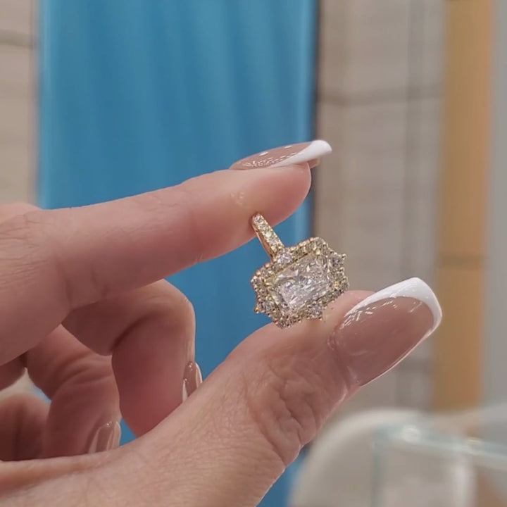 2 Carat Radiant Cut Lab Grown Diamond Engagement Ring with Halo & Side Diamonds | 18K Gold